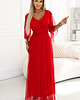 sukienki maxi damskie 655-5 Długa połyskująca w świetle suknia z dekoltem - czerwona