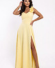 sukienki maxi damskie 643-5 Elegancka wieczorowa suknia maxi z rozcięciem i różami - żółta