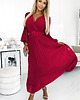 sukienki maxi damskie 414-9 KLARA plisowana sukienka z paskiem i dekoltem - BORDOWA