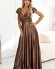 sukienki maxi damskie 411-14 CRYSTAL satynowa długa suknia z dekoltem - mocha mousse