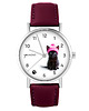 zegarki damskie Zegarek - Czarny kotek - skórzany, burgund