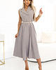 sukienki midi damskie 596-2 Elegancka szmizjerka midi ze złotymi guzikami i paskiem - SZARY BEŻ