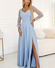 sukienki maxi damskie 640-5 LORETTA wyjątkowa długa sukienka z tiulowymi rękawami - BŁĘKITNA