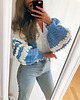 kardigany damskie Bawełniany kardigan niebieski białe ozdobne rękawy handmade