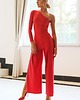 kombinezony damskie Gładki czerwony kombinezon z szerokimi nogawkami
