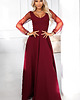 sukienki maxi damskie 640-1 LORETTA Długa sukienka z tiulowymi rękawami i dekoltem - bordowa