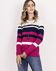 swetry damskie  Sweter w paski z ciekawym dekoltem - SWE343 amarant/ecru/granat MKM