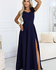 sukienki maxi damskie 643-4 Elegancka wieczorowa suknia maxi z rozcięciem i różami - granatowa XL