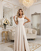 sukienki maxi damskie 643-3 Elegancka wieczorowa suknia maxi z rozcięciem i różami - beżowa
