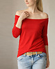 bluzki z długim rękawem damskie Czerwona dopasowana długi rękaw szeroki dekolt
