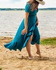 sukienki maxi damskie Niebieska Bawełniana Kopertowa Sukienka, Boho Sukienka Midi Z Paskiem