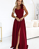 sukienki maxi damskie 643-9 Elegancka wieczorowa suknia maxi z rozcięciem i różami - bordowa
