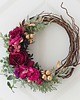 wianki bożonarodzeniowe Asymetryczny wieniec fuksja i złoto (26cm)
