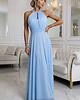 sukienki maxi damskie 662-1 Elegancka sukienka wieczorowa maxi halter z tiulem - błękitna