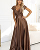 sukienki maxi damskie 411-14 CRYSTAL satynowa długa suknia z dekoltem - mocha mousse - XXXL