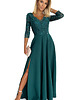 sukienki maxi damskie 309-5 AMBER elegancka koronkowa maxi suknia z dekoltem - ZIELEŃ BUTELKOWA