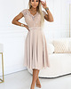 sukienki midi damskie 381-7 LINDA szyfonowa zwiewna sukienka z koronkowym dekoltem - beżowa