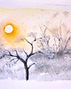 obrazy Akwarele ZIMA Miesiące Krajobraz Rośliny obraz słońce wschód śnieg