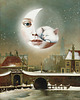 plakaty Plakat Fine Art giclee kolaż ZIMOWY KRAJOBRAZ Z KSIĘŻYCEM I KOTEM