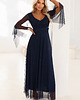 sukienki maxi damskie 655-3 Długa połyskująca w świetle suknia z dekoltem - granatowa