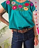 t-shirt damskie Bluzka ręcznie haftowana Bordado Turkusowa kwiaty ONE SIZE