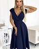 sukienki midi damskie 348-6 SCARLETT - rozkloszowana sukienka z kopertowym dekoltem - GRANATOWA