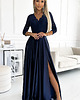 sukienki maxi damskie 309-7 AMBER elegancka koronkowa maxi satyna suknia z dekoltem - GRANATOWA