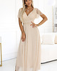 sukienki maxi damskie 562-6 NASTIA Długa sukienka z dekoltem i krótkim rękawkiem - beżowa