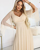sukienki maxi damskie 655-4 Długa połyskująca w świetle suknia z dekoltem - beżowa