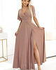 sukienki maxi damskie 581-4 połyskująca długa suknia z rękawkiem i dekoltem - MOCHA MOUSSE