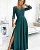 sukienki maxi damskie 309-5 AMBER elegancka koronkowa długa suknia z dekoltem - ZIELEŃ BUTELKOWA