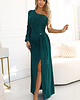 sukienki maxi damskie 658-2 Połyskująca brokatowa sukienka maxi na jedno ramię - zielona