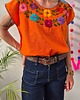 t-shirt damskie Bluzka ręcznie haftowana Bordado Pomarańczowa kwiaty ONE SIZE