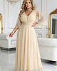 sukienki maxi damskie 654-2 Długa połyskująca sukienka plus size z dekoltem - beżowa