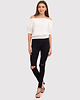 t-shirt damskie Kremowy elastyczny top z falbanką na ramionach TA592 CREAM