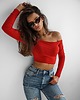 bluzki z długim rękawem damskie krótka bluzka z odkrytymi ramionami- czerwona