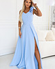 sukienki maxi damskie 643-7 Elegancka wieczorowa suknia maxi z rozcięciem i różami - błękitna