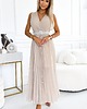 sukienki maxi damskie 546-1 Plisowana sukienka z szerokim paskiem i dekoltem - beżowa