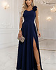 sukienki maxi damskie 643-4 Elegancka wieczorowa suknia maxi z rozcięciem i różami - granatowa