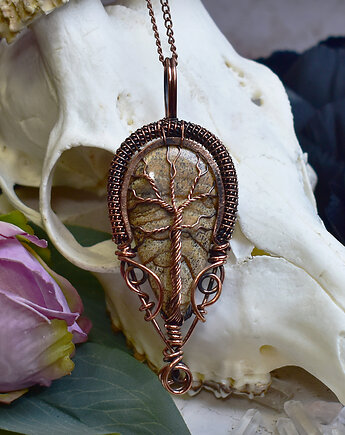 Miedziany wisiorek wire wrapping z jaspisem obrazkowym - drzewo życia, Spirit Of Copper