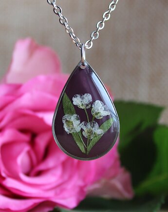 Srebrna zawieszka srebrny wisiorek łezka łza kwiaty w żywicy fioletowa, zkwiatem