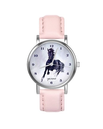 Zegarek  mały - Czarny koń - skórzany, pudrowy róż, yenoo