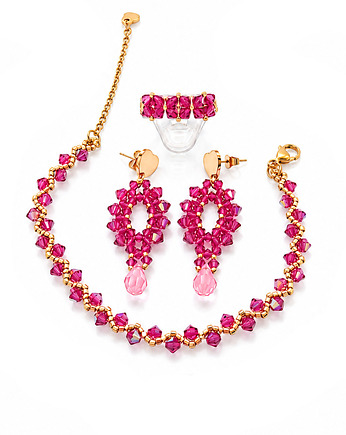 3-elementowy Różowy Komplet Biżuterii z kryształów Preciosa Fuchsia AB, STAGHORN