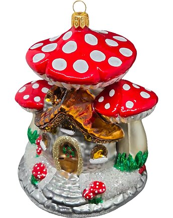 Ręcznie malowana bombka szklana domek pod czerwonymi muchomorami, STARGLASS