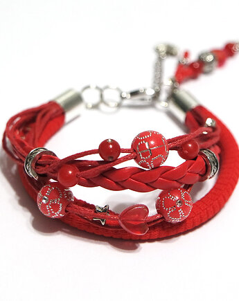 Bransoletka - Czerwona, koraliki - rzemienie, yenoo