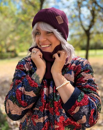 Bawełniana czapka beanie logo ekoskórka Bordo, Brain Inside