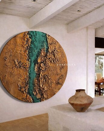 Obrazy okrągłe z wyraznym reliefem złoto szmaragd model 120326, art and texture