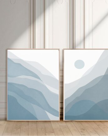 DWA PLAKATY niebieska abstrakcja krajobraz, black dot studio
