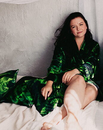 Aksamitne KIMONO/ narzutka/ wiązana bluza, autorski print ZIELONE JEZIORA, NAWROTANKA