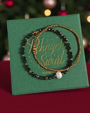 WYSYŁKA 24h : Świąteczny zestaw bransoletek : ciemna zieleń, złoto, perła, kaktusia